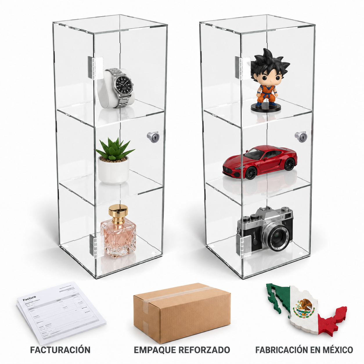 Paquete de 2 Vitrinas Torre de Acrílico Transparente 3 mm con Chapa · 15 × 15 × 40 cm — miniatura 4
