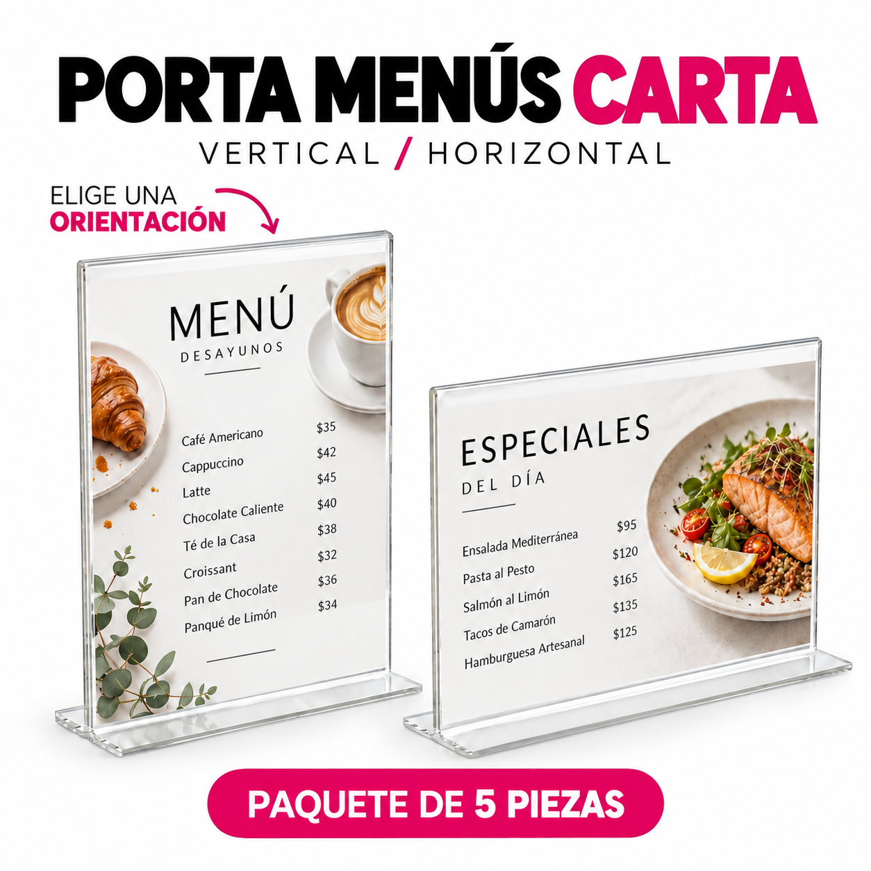 Porta Menú / Porta Hojas de Acrílico Transparente Doble Vista 2 mm Tamaño Carta · Paquete de 5