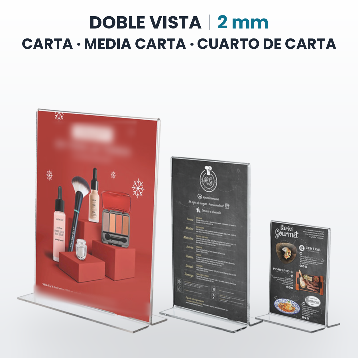 Porta menú doble vista vertical de acrílico transparente 2 mm